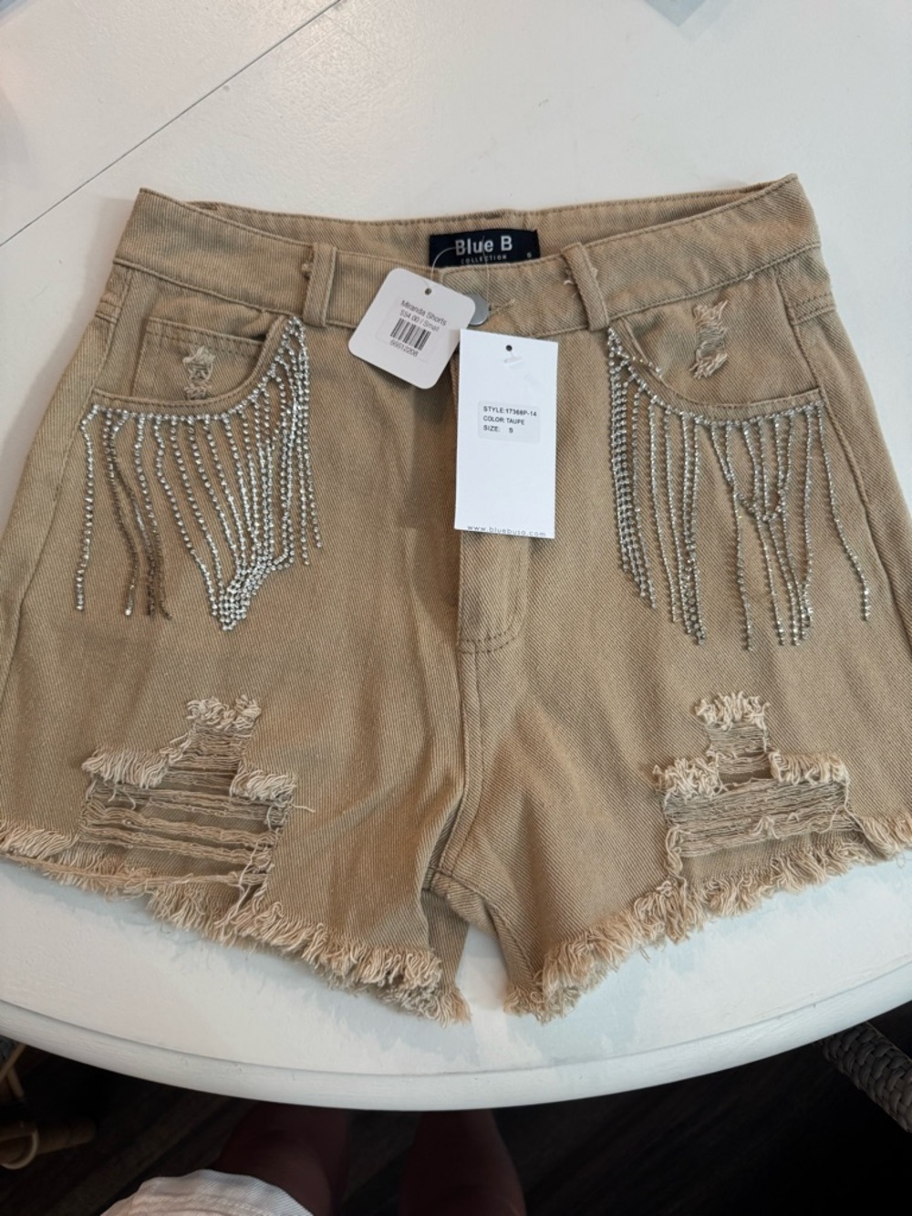 Blue B Tan Distressed Denim Shorts with Rhinestone Fringe